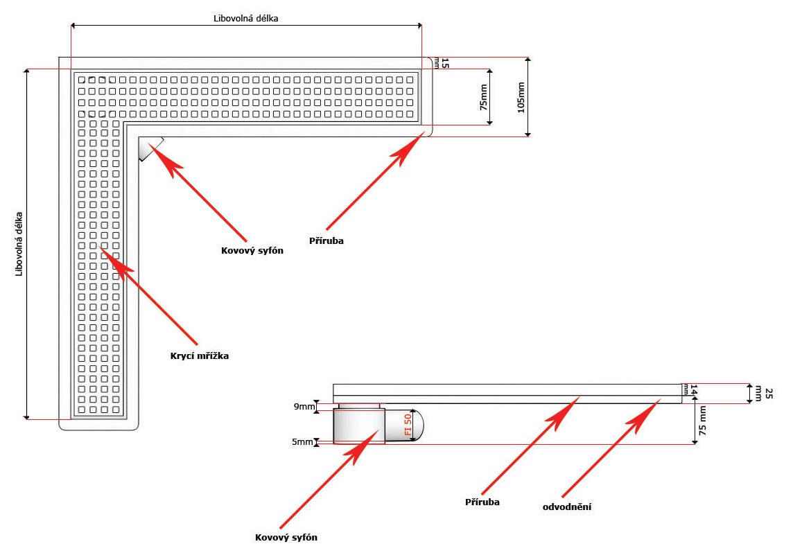 Sprchový odtokový žlab rohový L s přírubou (nerezový sifon)