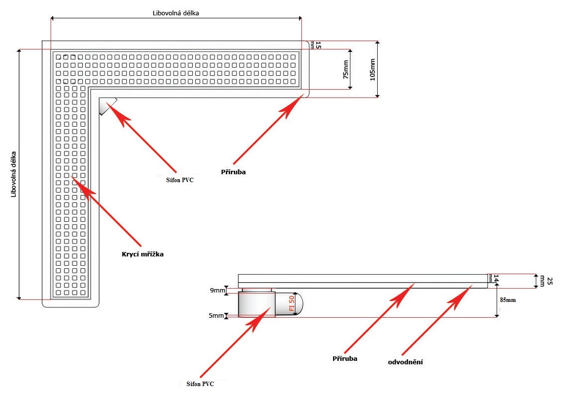 Sprchový odtokový žlab rohový L s přírubou (plastový sifon)