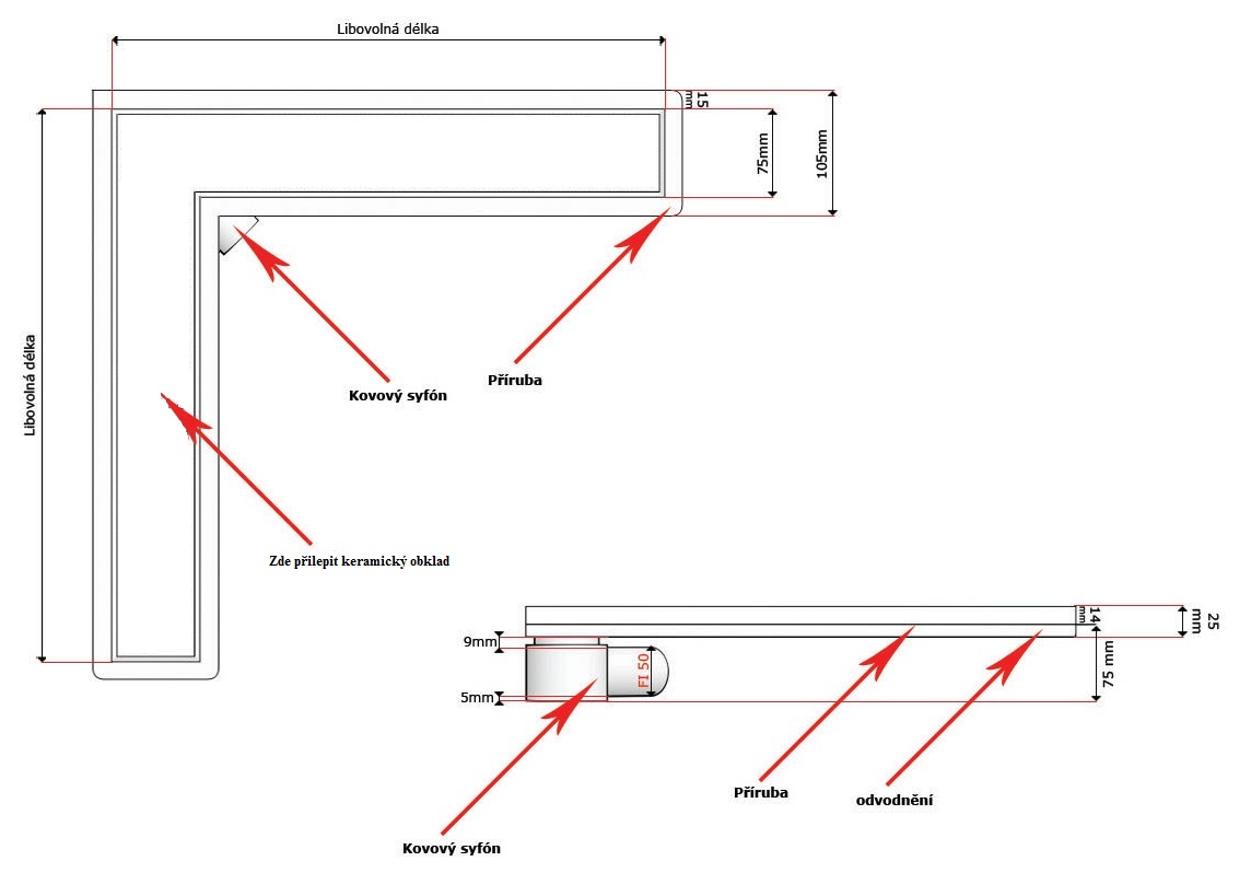 Sprchový odtokový žlab rohový L s keramickým obkladem (nerezový sifon)